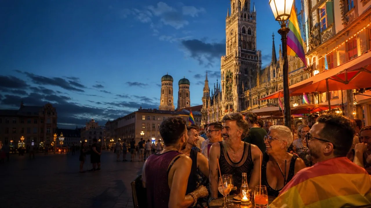 KI-generierte redaktionelle Szene einer queeren Gemeinschaft am Abend in München; nicht dokumentarisch
